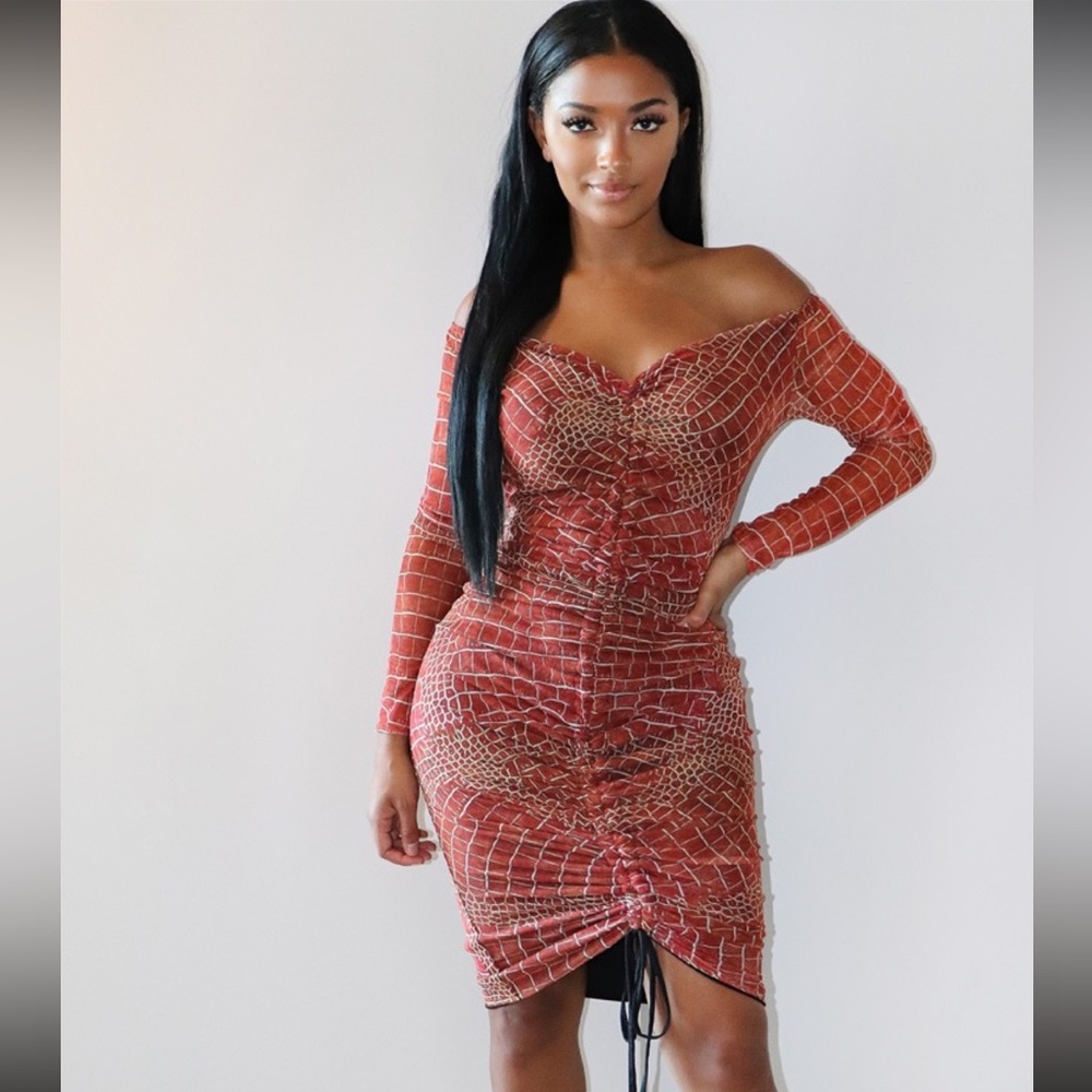 Pretty Little Thing Shape Mesh Cowl Midi Dress in Brown Croc